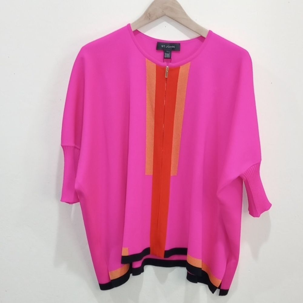 St. John Multi Color Pink Zip Front Bat Wing Sweater, Size L **Flawed, NEW!